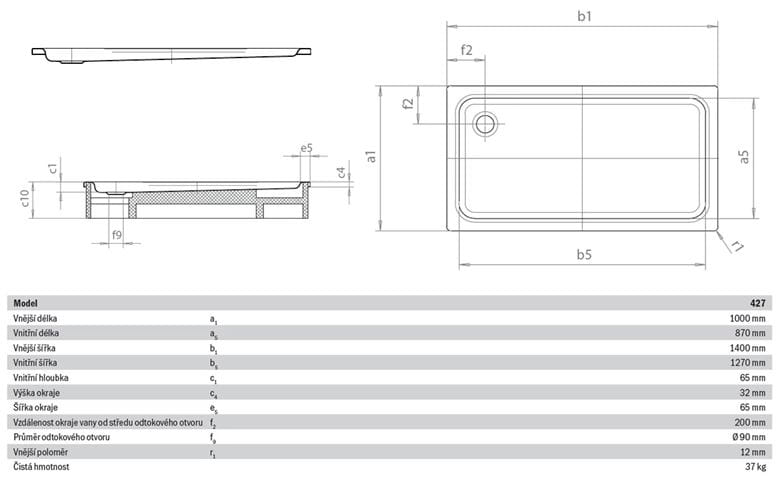 KALDEWEI DUSCHPLAN XXL 427-1 sprchová vanička 100x140 cm, smaltovaná oceľ, bez nosiča, Perl Effekt 432700013001 Technický nákres
