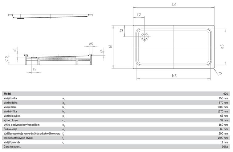 KALDEWEI DUSCHPLAN XXL 426-2 sprchová vanička 75x170 cm, smaltovaná oceľ, s nosičom 432648040001 Technický nákres