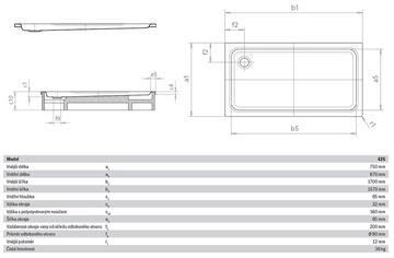 KALDEWEI DUSCHPLAN XXL 426-2 sprchová vanička 75x170 cm, smaltovaná oceľ, s nosičom 432648040001 Technický nákres