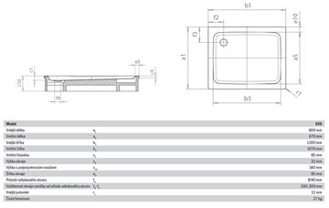 KALDEWEI DUSCHPLAN 555-2 sprchová vanička 80x120 cm, smaltovaná oceľ, s nosičom 448248040001 Technický nákres