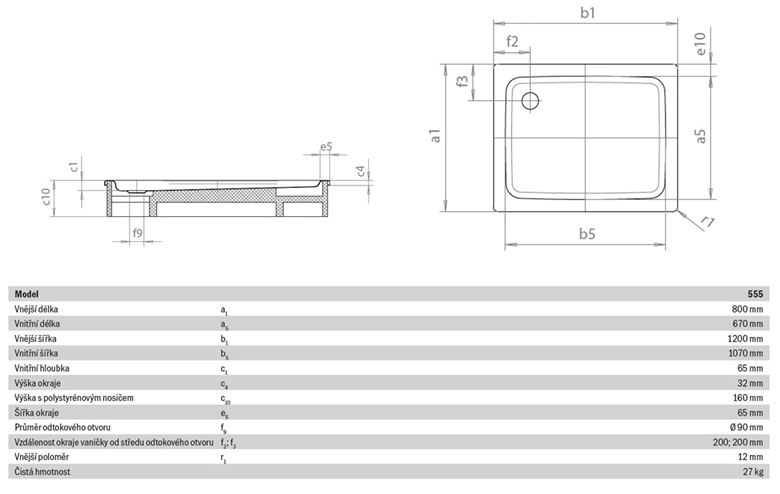 KALDEWEI DUSCHPLAN 555-2 sprchová vanička 80x120 cm, smaltovaná oceľ, s nosičom 448248040001 Technický nákres