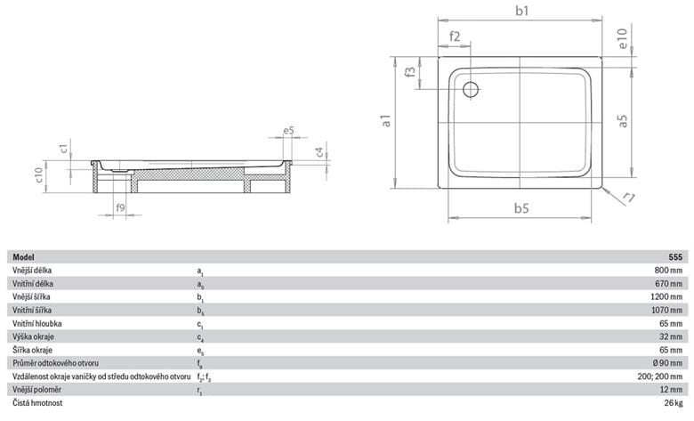 KALDEWEI DUSCHPLAN 555-1 sprchová vanička 80x120 cm, smaltovaná oceľ, bez nosiča 448200010001 Technický nákres