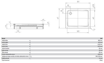 KALDEWEI DUSCHPLAN 555-1 sprchová vanička 80x120 cm, smaltovaná oceľ, bez nosiča, Perl Effekt 448200013001 Technický nákres