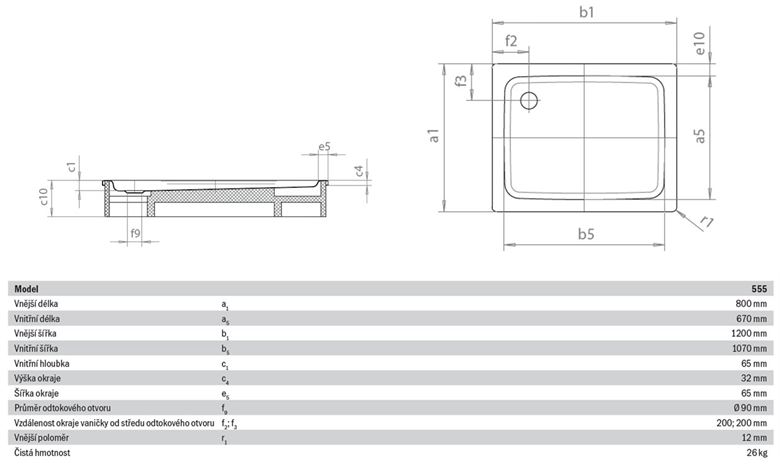 KALDEWEI DUSCHPLAN 555-1 sprchová vanička 80x120 cm, smaltovaná oceľ, bez nosiča, Perl Effekt 448200013001 Technický nákres