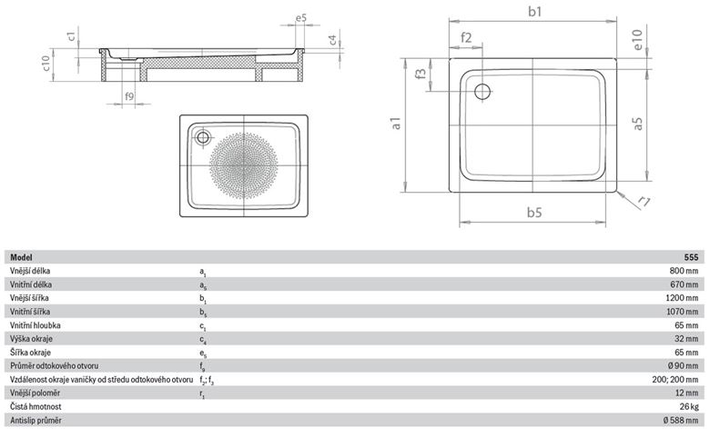 KALDEWEI DUSCHPLAN 555-1 sprchová vanička 80x120 cm, smaltovaná oceľ, bez nosiča, Antislip 448230000001 Technický nákres