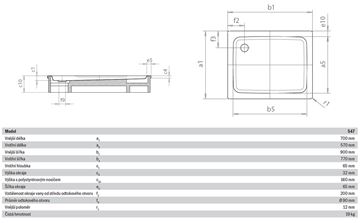 KALDEWEI DUSCHPLAN 547-2 sprchová vanička 70x90 cm, smaltovaná oceľ, s nosičom 442148040001 Technický nákres