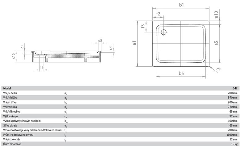 KALDEWEI DUSCHPLAN 547-2 sprchová vanička 70x90 cm, smaltovaná oceľ, s nosičom 442148040001 Technický nákres