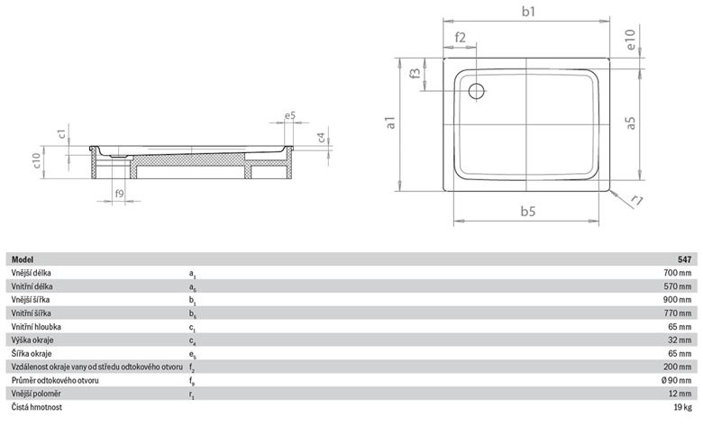 KALDEWEI DUSCHPLAN 547-1 sprchová vanička 70x90 cm, smaltovaná oceľ, bez nosiča, Perl Effekt 442100013001 Technický nákres
