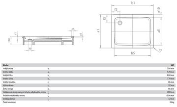 KALDEWEI DUSCHPLAN 547-1 sprchová vanička 70x90 cm, smaltovaná oceľ, bez nosiča, Perl Effekt 442100013001 Technický nákres
