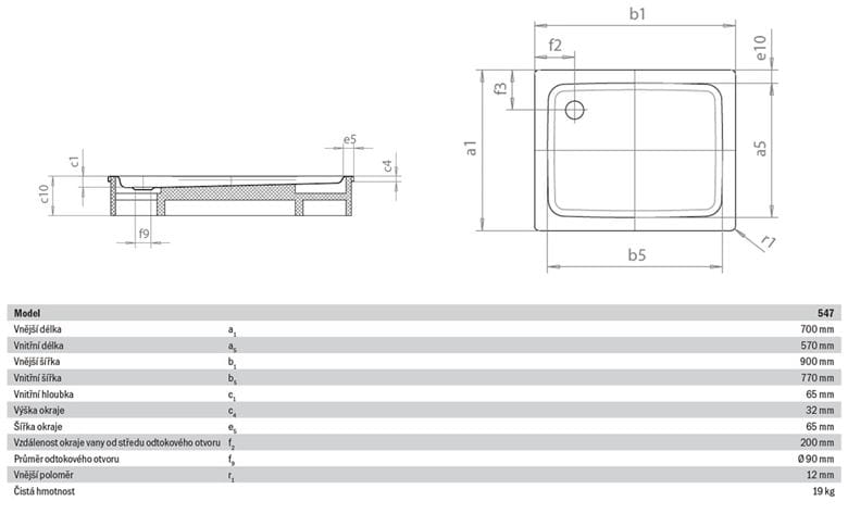 KALDEWEI DUSCHPLAN 547-1 sprchová vanička 70x90 cm, smaltovaná oceľ, bez nosiča 442100010001 Technický nákres