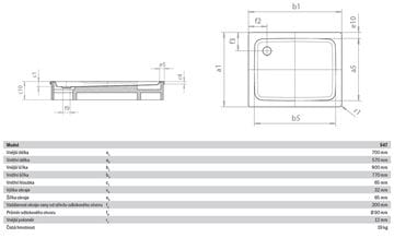 KALDEWEI DUSCHPLAN 547-1 sprchová vanička 70x90 cm, smaltovaná oceľ, bez nosiča 442100010001 Technický nákres