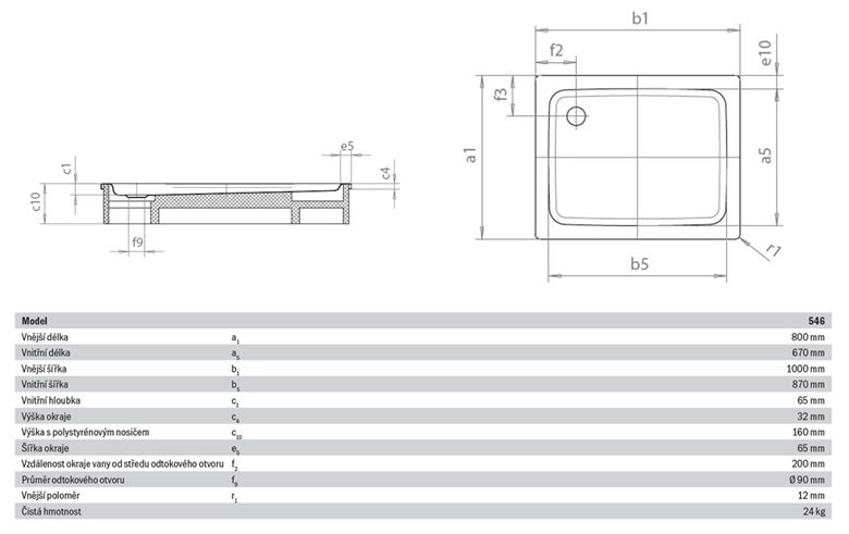 KALDEWEI DUSCHPLAN 546-2 sprchová vanička 80x100 cm, smaltovaná oceľ, s nosičom 440148040001 Technický nákres