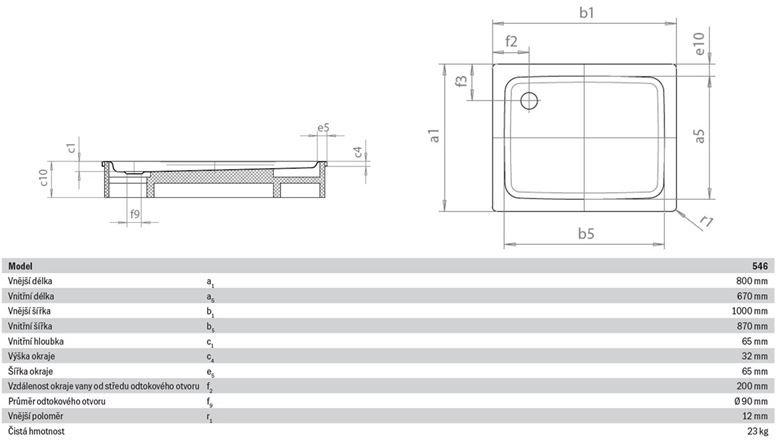 KALDEWEI DUSCHPLAN 546-1 sprchová vanička 80x100 cm, smaltovaná oceľ, bez nosiča, Perl Effekt 440100013001 Technický nákres