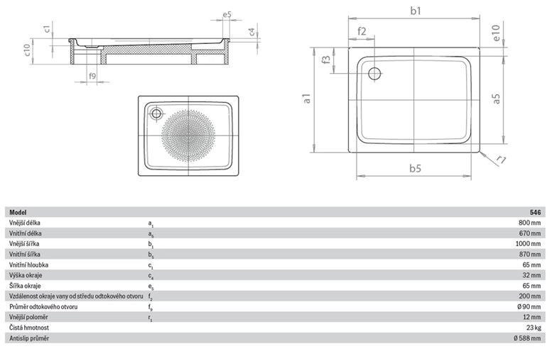 KALDEWEI DUSCHPLAN 546-1 sprchová vanička 80x100 cm, smaltovaná oceľ, bez nosiča, Perl Effekt, Antislip 440130003001 Technický nákres