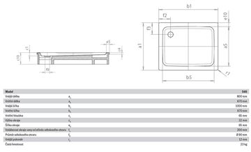 KALDEWEI DUSCHPLAN 546-1 sprchová vanička 80x100 cm, smaltovaná oceľ, bez nosiča 440100010001 Technický nákres