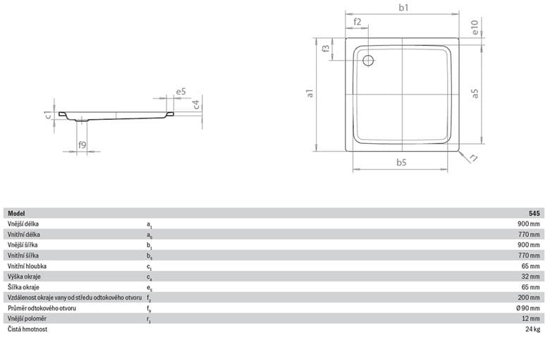 KALDEWEI DUSCHPLAN 545-1 sprchová vanička 90x90 cm, smaltovaná oceľ, bez nosiča, Perl Effekt 440300013001 Technický nákres