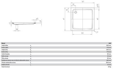 KALDEWEI DUSCHPLAN 545-1 sprchová vanička 90x90 cm, smaltovaná oceľ, bez nosiča, Perl Effekt 440300013001 Technický nákres