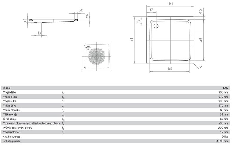 KALDEWEI DUSCHPLAN 545-1 sprchová vanička 90x90 cm, smaltovaná oceľ, bez nosiča, Perl Effekt, Antislip 440330003001 Technický nákres