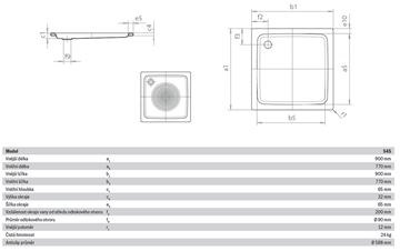KALDEWEI DUSCHPLAN 545-1 sprchová vanička 90x90 cm, smaltovaná oceľ, bez nosiča, Perl Effekt, Antislip 440330003001 Technický nákres