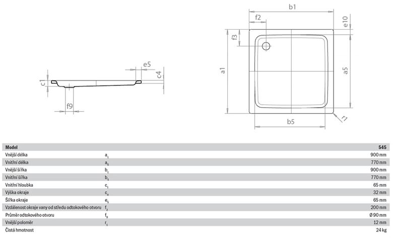 KALDEWEI DUSCHPLAN 545-1 sprchová vanička 90x90 cm, smaltovaná oceľ, bez nosiča 440300010001 Technický nákres
