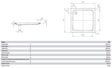 KALDEWEI DUSCHPLAN 545-1 sprchová vanička 90x90 cm, smaltovaná oceľ, bez nosiča 440300010001 Technický nákres
