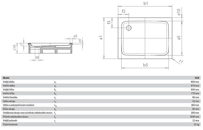 KALDEWEI DUSCHPLAN 544-2 sprchová vanička 80x90 cm, smaltovaná oceľ, s nosičom 440448040001 Technický nákres