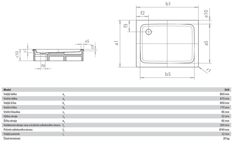 KALDEWEI DUSCHPLAN 544-1 sprchová vanička 80x90 cm, smaltovaná oceľ, bez nosiča 440400010001 Technický nákres