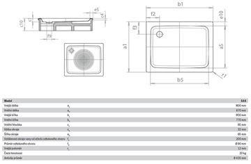 KALDEWEI DUSCHPLAN 544-1 sprchová vanička 80x90 cm, smaltovaná oceľ, bez nosiča, Antislip 440430000001 Technický nákres