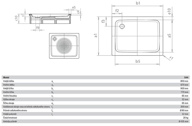 KALDEWEI DUSCHPLAN 544-1 sprchová vanička 80x90 cm, smaltovaná oceľ, bez nosiča, Antislip 440430000001 Technický nákres