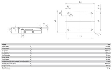 KALDEWEI DUSCHPLAN 543-1 sprchová vanička 75x90 cm, smaltovaná oceľ, bez nosiča 440900010001 Technický nákres