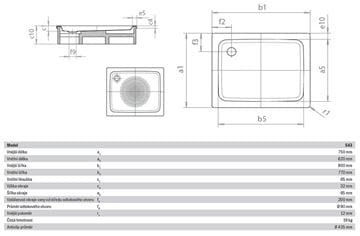 KALDEWEI DUSCHPLAN 543-1 sprchová vanička 75x90 cm, smaltovaná oceľ, bez nosiča, Perl Effekt, Antislip 440930003001 Technický nákres