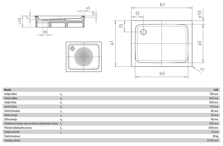 KALDEWEI DUSCHPLAN 543-1 sprchová vanička 75x90 cm, smaltovaná oceľ, bez nosiča, Perl Effekt, Antislip 440930003001 Technický nákres