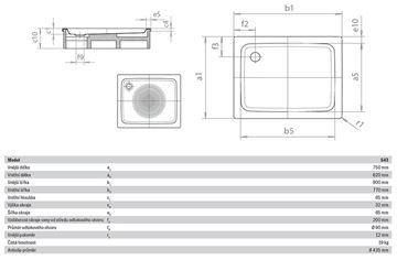 KALDEWEI DUSCHPLAN 543-1 sprchová vanička 75x90 cm, smaltovaná oceľ, bez nosiča, Antislip 440930000001 Technický nákres