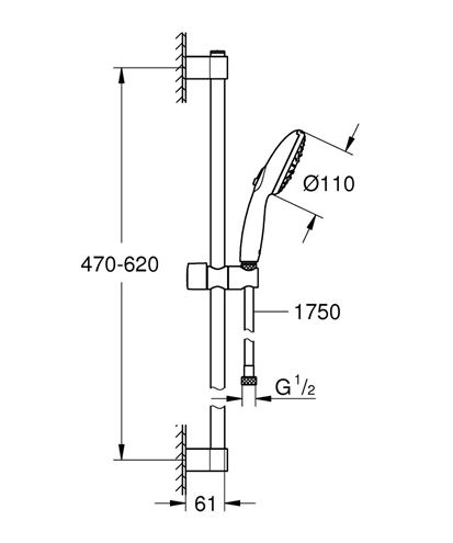 GROHE TEMPESTA 110 sprchová súprava 3-dielna, ručná sprcha pr. 110 mm, 3 prúdy, tyč, hadica, Water Saving, chróm 27644003 Technický nákres