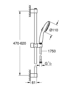 GROHE TEMPESTA 110 sprchová súprava 3-dielna, ručná sprcha pr. 110 mm, 3 prúdy, tyč, hadica, Water Saving, chróm 27644003 Technický nákres