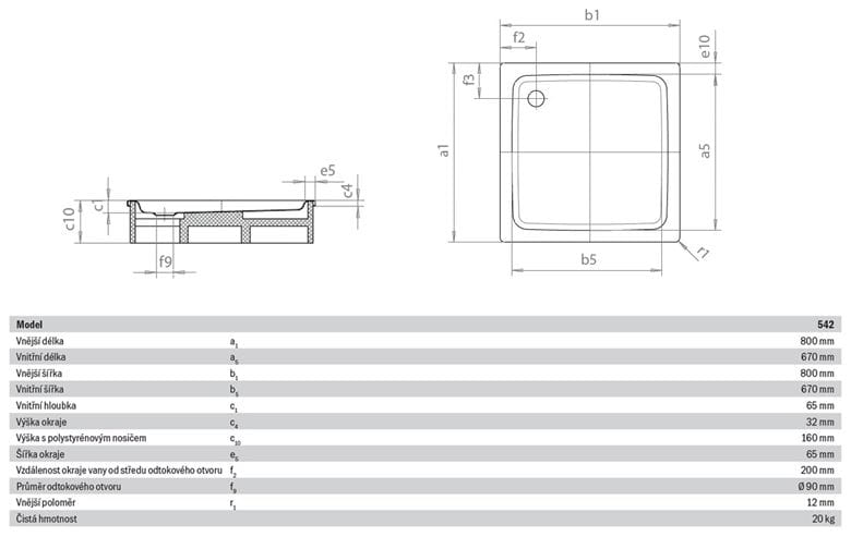 KALDEWEI DUSCHPLAN 542-2 sprchová vanička 80x80 cm, smaltovaná oceľ, s nosičom 440548040001 Technický nákres