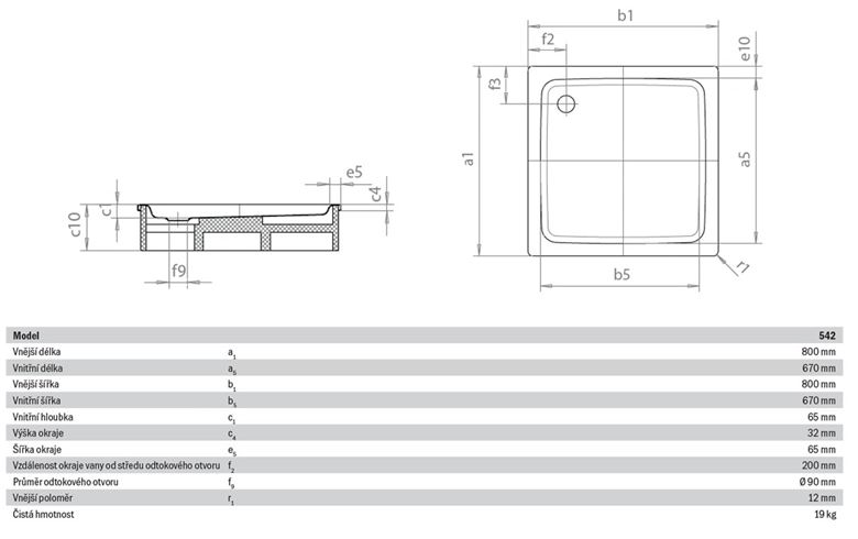 KALDEWEI DUSCHPLAN 542-1 sprchová vanička 80x80 cm, smaltovaná oceľ, bez nosiča 440500010001 Technický nákres