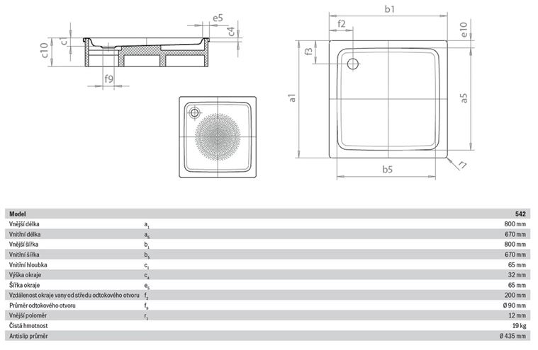 KALDEWEI DUSCHPLAN 542-1 sprchová vanička 80x80 cm, smaltovaná oceľ, bez nosiča, Antislip 440530000001 Technický nákres