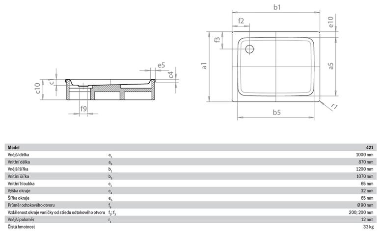 KALDEWEI DUSCHPLAN 421-1 sprchová vanička 100x120 cm, smaltovaná oceľ, bez nosiča 432100010001 Technický nákres