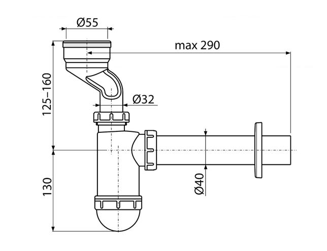 CONCEPT pisoárový sifón 55x40mm, s manžetou, biela PT10045A Technický nákres