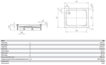 KALDEWEI DUSCHPLAN 420-1 sprchová vanička 90x120 cm, smaltovaná oceľ, bez nosiča 432000010001 Technický nákres