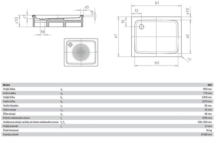 KALDEWEI DUSCHPLAN 420-1 sprchová vanička 90x120 cm, smaltovaná oceľ, bez nosiča, Antislip 432030000001 Technický nákres