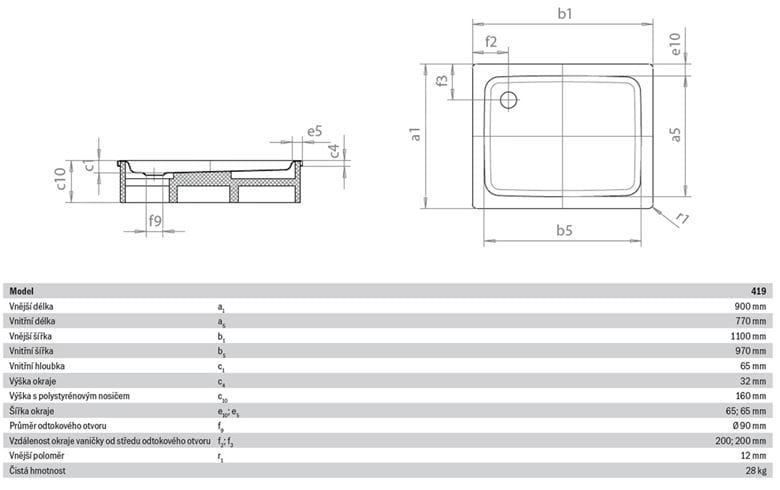 KALDEWEI DUSCHPLAN 419-2 sprchová vanička 90x110 cm, smaltovaná oceľ, s nosičom 431948040001 Technický nákres