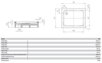 KALDEWEI DUSCHPLAN 418-1sprchová vanička 90x100 cm, smaltovaná oceľ, bez nosiča, Perl Effekt 431800013001 Technický nákres