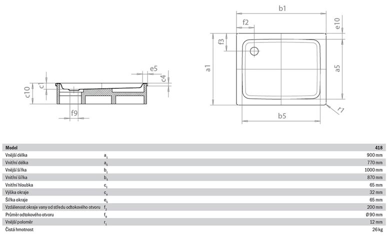 KALDEWEI DUSCHPLAN 418-1sprchová vanička 90x100 cm, smaltovaná oceľ, bez nosiča, Perl Effekt 431800013001 Technický nákres