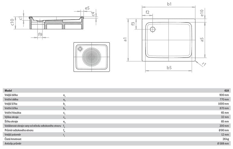 KALDEWEI DUSCHPLAN 418-1 sprchová vanička 90x100 cm, smaltovaná oceľ, bez nosiča, Perl Effekt, Antislip 431830003001 Technický nákres