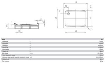 KALDEWEI DUSCHPLAN 417-1 sprchová vanička 75x120 cm, smaltovaná oceľ, bez nosiča 431700010001 Technický nákres