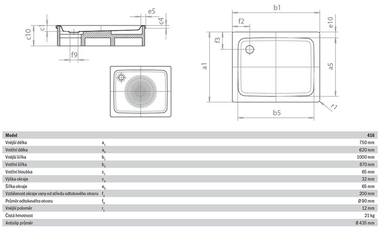 KALDEWEI DUSCHPLAN 416-1 sprchová vanička 75x100 cm, smaltovaná oceľ, bez nosiča, Antislip 431630000001 Technický nákres