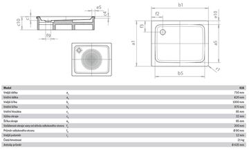 KALDEWEI DUSCHPLAN 416-1 sprchová vanička 75x100 cm, smaltovaná oceľ, bez nosiča, Antislip 431630000001 Technický nákres