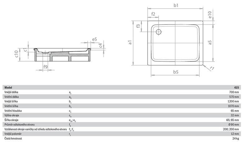 KALDEWEI DUSCHPLAN 415-1 sprchová vanička 70x120 cm, smaltovaná oceľ, bez nosiča 431500010001 Technický nákres
